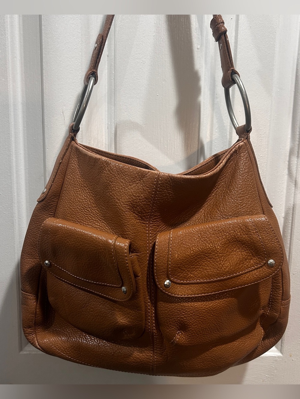 Chestnut Brown Pebbled Leather Shoulder Bag with Front Pockets- Sigrid Olsen